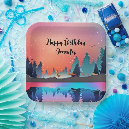 Schilderachtig wintermeer met Deer Birthday Papieren Bordje (Feest)