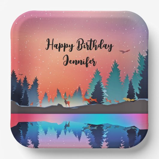 Schilderachtig wintermeer met Deer Birthday Papieren Bordje (Voorkant)