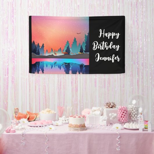 Schilderachtig wintermeer met Deer Birthday Spandoek (Feest)