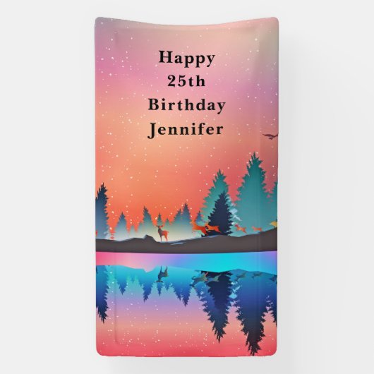 Schilderachtig wintermeer met Deer Birthday Spandoek (Verticaal)