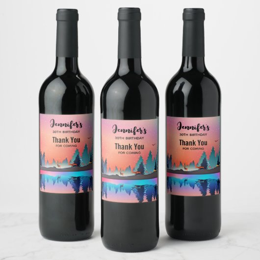 Schilderachtig wintermeer met Deer Birthday Wijn Etiket (Flessen)