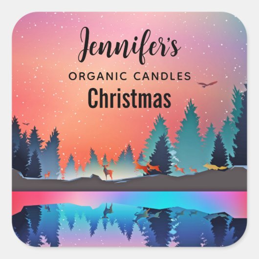 Schilderachtig wintermeer met Deer Candle Biz Vierkante Sticker (Voorkant)