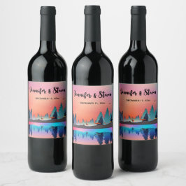 Schilderachtig wintermeer met deer Wedding Wijn Etiket