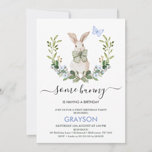 Schilderachtige Blauw Groene Jongens Kleine Bunny  Kaart (Voorkant)