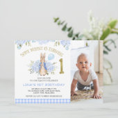 Schilderachtige Blue Plaid Boys Bunny Rabbit 1st B Kaart (Staand voorkant)