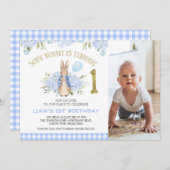 Schilderachtige Blue Plaid Boys Bunny Rabbit 1st B Kaart (Voorkant / Achterkant)