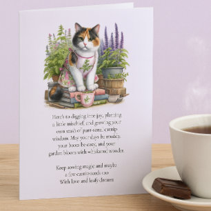 Schilderachtige kattenkaart met lapjeskat en katte notitiekaartje