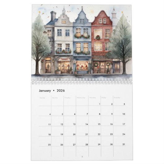 Schilderachtige kerstwinkels kalender (Jan 2026)