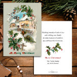 Schilderachtige nostalgische  rustieke winterscène briefkaart<br><div class="desc">Charmant nostalgisch  wintervignet met rustieke winterscène met boer die een dennenkerstboom naar huis brengt naar zijn met sneeuw bedekte huisje omzoomd door feestelijke hulst. Achterzijde bevat aanvullende afbeeldingen en bewerkbare tekstvelden.</div>