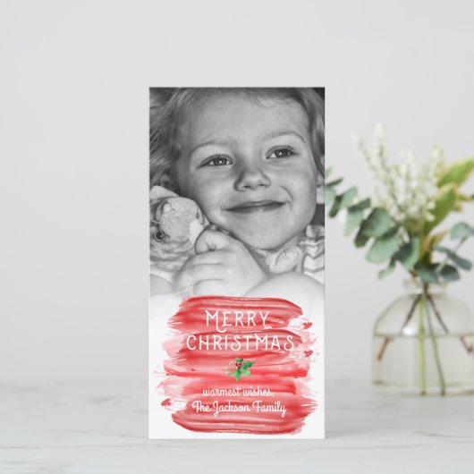 Schilderachtige rode waterverf Kerstmis hulst foto Feestdagenkaart (Staand voorkant)
