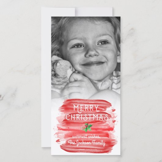Schilderachtige rode waterverf Kerstmis hulst foto Feestdagenkaart (Voorkant)