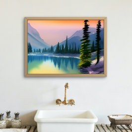 Schilderachtige waterverf bergmeerreflectie poster