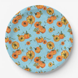 Schilderachtige waterverf herfstpompoenen oranje/b papieren bordje