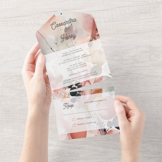 Schilderachtige Waterverf Modern Pastel Lente Brui All In One Uitnodiging (Afscheurbaar)