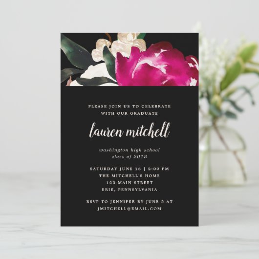 Schilderd Magnolia op zwart | Partij Afstudeerder Kaart (Staand voorkant)
