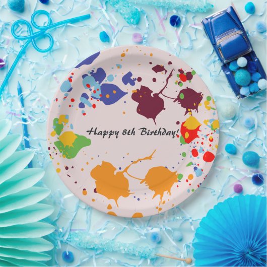 Schilderen 8e verjaardag van kleurrijke plashes papieren bordje (Feest)