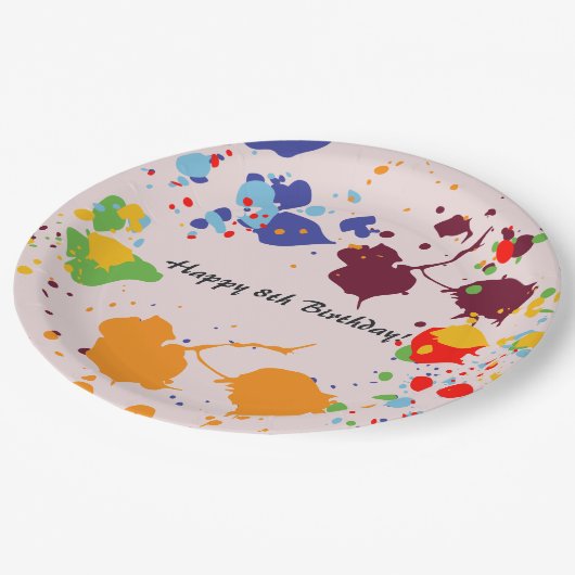 Schilderen 8e verjaardag van kleurrijke plashes papieren bordje (Gekanteld)
