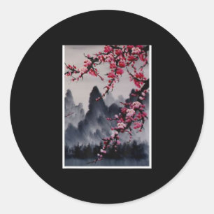 Schilderen Japanse kunst Cherry Blossom Mountain Ronde Sticker