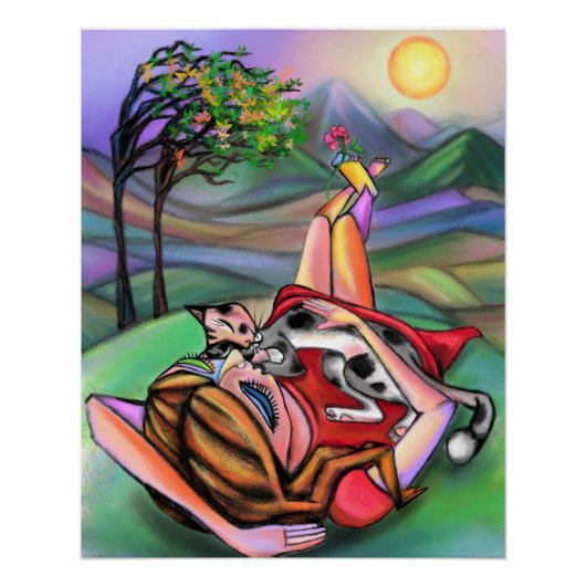 Schilderen Meisje en Kat In Natuur Poster (Voorkant)