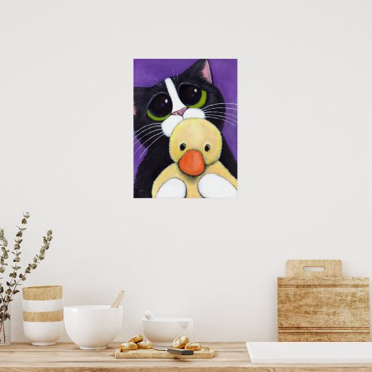 Schilderen met scared Tuxedo Cat en Cudly Duck Poster (Keuken)