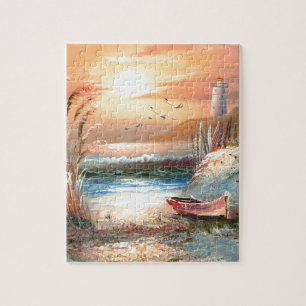 Schilderen van een gebleekte roeiboot nabij een vu legpuzzel