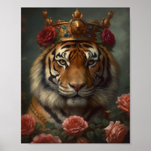 Schilderen van een tijger met een kroon en Rozen Poster (Voorkant)