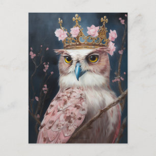 Schilderen van een uil met een kroon en roze bloem briefkaart
