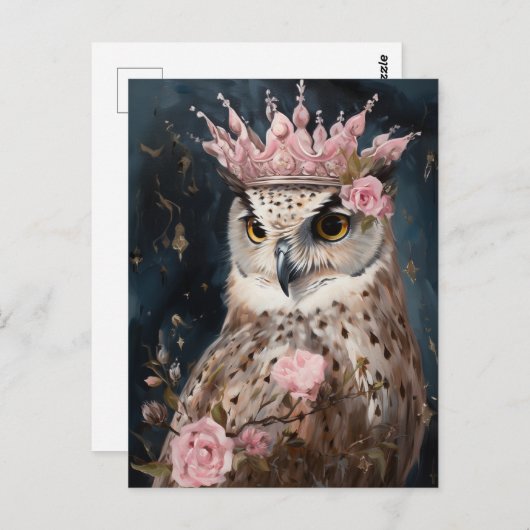 Schilderen van een uil met een kroon en roze rozen briefkaart (Voorkant / Achterkant)