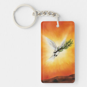 schilderen van een witte dove met twig sleutelhanger
