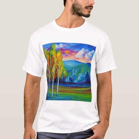 Schilderen van groene bomen blauwe bergen t-shirt (Voorkant)