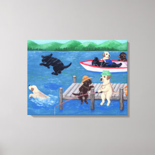 Schilderen van het meer van Fun Labradors Canvas Afdruk