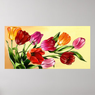 Schilderen van rode roze gele Oranje Tulpen Poster