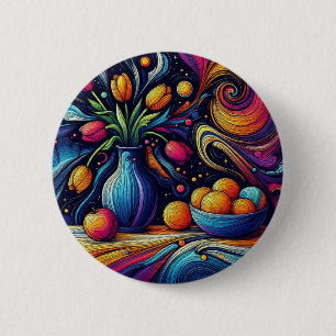 Schilderen van tulpen en Sinaasappels in een vaas Ronde Button 5,7 Cm