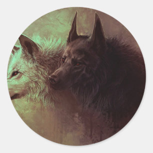 Schilderen van zwarte wolf en witte wolf. ronde sticker