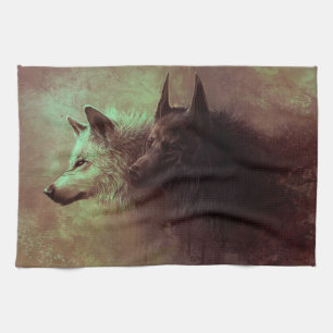 Schilderen van zwarte wolf en witte wolf. theedoek