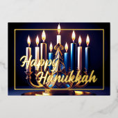 Schilderij Chanoeka Menorah Blauw Goud Folie Feestdagenkaart (Voorkant)