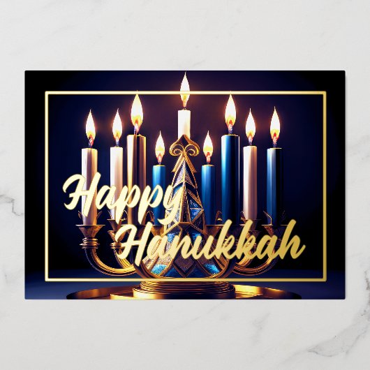 Schilderij Chanoeka Menorah Blauw Goud Folie Feestdagenkaart (Voorkant)