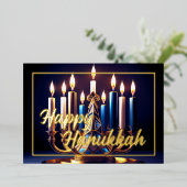 Schilderij Chanoeka Menorah Blauw Goud Folie Feestdagenkaart (Staand Voorkant)