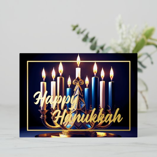 Schilderij Chanoeka Menorah Blauw Goud Folie Feestdagenkaart (Staand Voorkant)