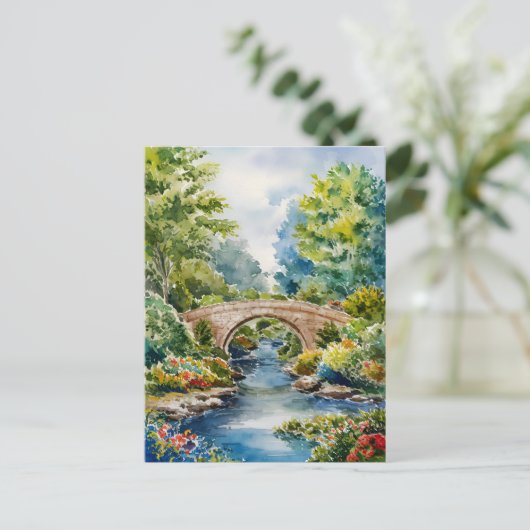 schilderij kunst landschap groene tuin brug meer briefkaart (Staand voorkant)