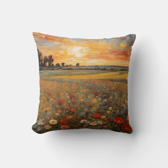 Schilderij Landschap Zonsondergang Bloemveld #3 Kussen (Voorkant)
