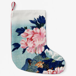 Schilderij met vintage pauw en pioenbloemen kleine kerstsok