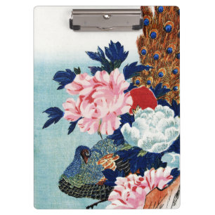 Schilderij met vintage pauw en pioenbloemen klembord