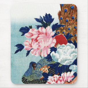 Schilderij met vintage pauw en pioenbloemen muismat