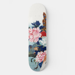 Schilderij met vintage pauw en pioenbloemen persoonlijk skateboard