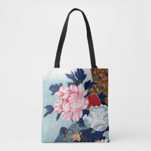 Schilderij met vintage pauw en pioenbloemen tote bag