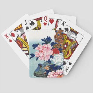 Schilderij met vintage pauw en pioenrozen bloemen pokerkaarten