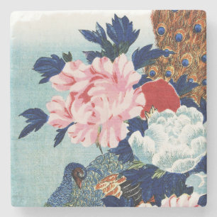 Schilderij met vintage pauw en pioenrozen bloemen stenen onderzetter