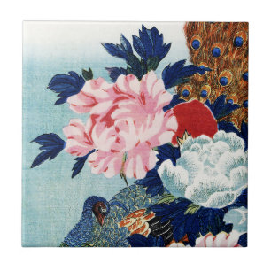 Schilderij met vintage pauw en pioenrozen bloemen tegeltje