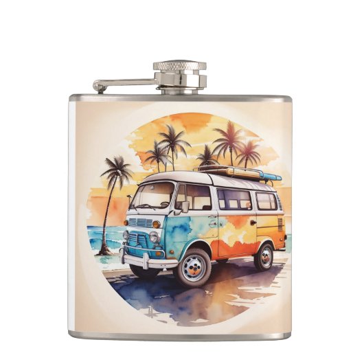  schilderij minibus op het strand heupfles (Voorkant)